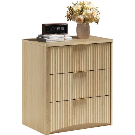 CHICFURN Mesita de noche 58x38x64 cm en MDF roble, 3 cajones, tiradores metálicos (1/5)