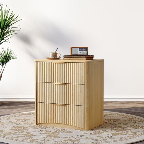 Table de chevet classique avec 3 tiroirs spacieux – Design rainuré unique, poignées en métal de haute qualité et glissières silencieuses – Piètement robuste – Chêne