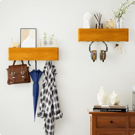 Porte Manteau Mural Bois, Patères Portemanteaux pour Entrée, Lot de 2 Meuble Entrée, Vestiaire Flottant, Étagère Suspendue, pour Chambre, Salle de Bain, Marron (1/5)