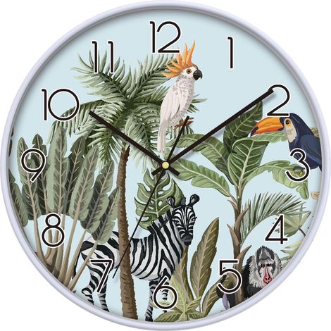 Horloge Murale Décorative Tropicale avec Motif Jungle 30 cm Zèbre et Oiseaux Fond Bleu Clair Horloge Décorative pour Cuisine/Chambre/Salon/Bureau (1/5)