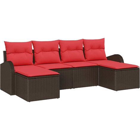 Sofa Set with Cushion 6 pcs Brown and Red Poly Rattan vidaXL