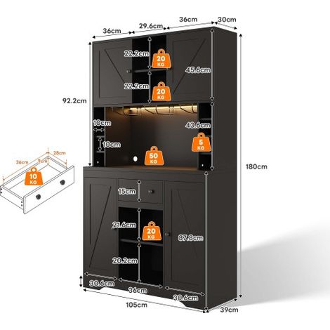 Mobilier de cuisine / Meuble haut : Cave à vin — Comprend des étagères réglables, des tiroirs, un porte-verres en acier inoxydable, des compartiments pour bouteilles de vin, un éclairage LED à couleur