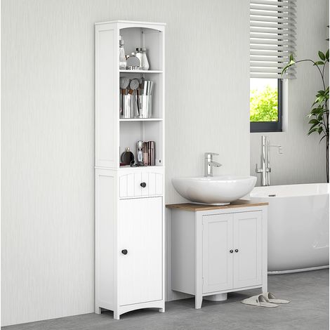 Meuble de salle de bain colonne, 3 étagères et 1 tiroir, 34 x 24 x 170,5 cm, blanc HAVRYA (1/5)