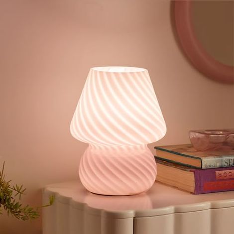 Lampe Champignon - Lampe a Poser avec Verre à Rayures, Lampe de Chevet Chambre, Salon, Café, Bureau, Ampoule Incluse, Cadeau pour les Filles, Femmes, Anniversaire, Nouvelle Année, Rose (1/5)