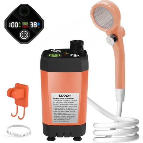 Pompe de douche de camping, kit de douche d'extérieur, avec plein écran, affichage numérique intelligent, réglable, 6000mAh, Orange (1/5)