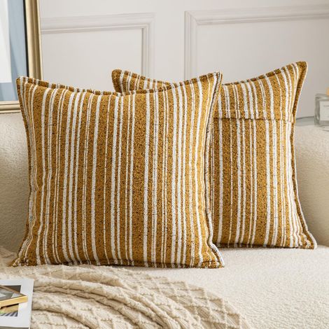Lot de 2 Housses de coussin, bouclés rayés, fermeture éclair dissimulée, coton durable, pour canapé salon chambre, jaune 50x50 cm