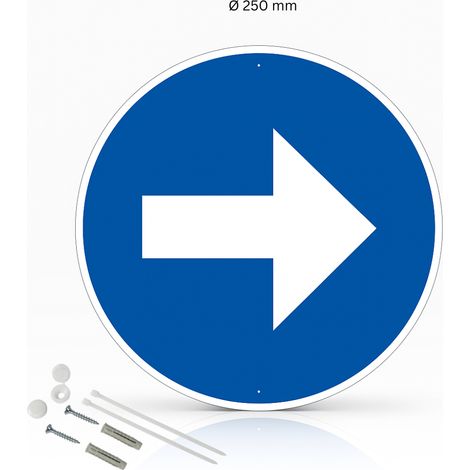Flèche à droite panneau de signalisation rond en aluminium prépercé avec kit de fixation complet - Diamètre 250 mm