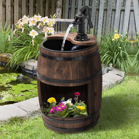 Fontana da giardino Outsunny, fontana decorativa a botte con cascata, in legno di abete marrone scuro, Ø27 x 59 cm