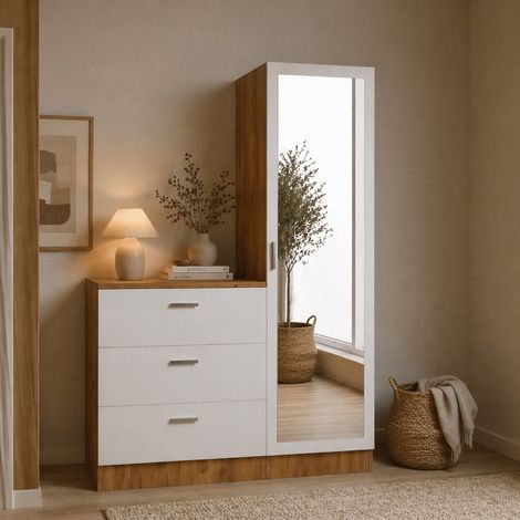Wandschrank Weiß mit Kiefernholz Melamin – hängen und legen – 140