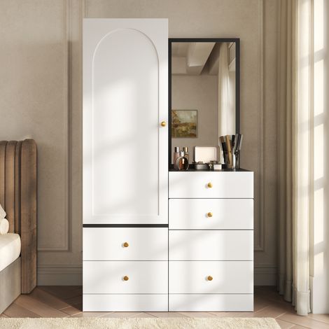 Coiffeuse armoire avec miroir et tabouret escamotable 90x50,5x160 cm noir/blanc MDF FloraGrace (1/5)