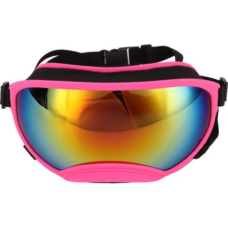 Lunettes de soleil pour chien, coupe-vent et protection UV, en matériau PC/TPU, avec sangle réglable, lunettes pour animaux de compagnie, adaptées au ski en extérieur, monture rose, verres rouges. (1/5)