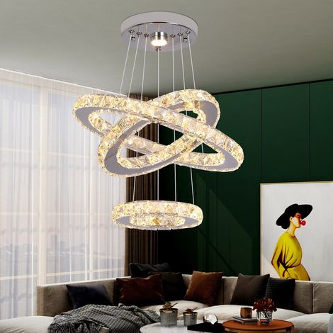 Plafonnier LED 3 anneaux cristal inox, lumière réglable, design moderne (1/5)