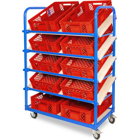 BRB Schrägboden-Regalwagen mit 5 Ebenen, bestückt mit 10 Euroboxen BxTxH 600x400x150 mm, durchbrochen, BxTxH 1050x500x1450 mm (rot)