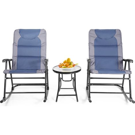COSTWAY Set de 2 Sillas y Mesa, Set de Mueble de Jardín, Sillas Plegables con Mesa Baja de Vidrio y Asiento Acolchado (Azul) (1/5)