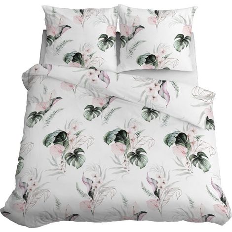 Parure de lit en satin 220x200 cm, motif feuilles vertes (1/5)