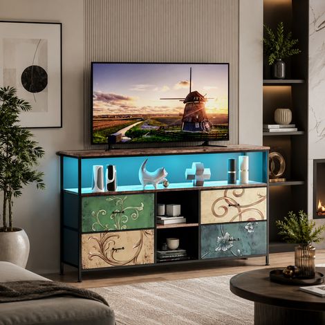Meuble TV pour salon 137×30×78cm, lumières LED,grande capacité,armoire TV multifonctionnel,4 tiroirs de rangement,banc TV,étagères ouvertes,pieds réglables,style rétro,cadre en métal,Multicolore (1/5)