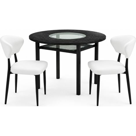 Set tavolo rotondo moderno 100 cm in MDF effetto legno nero con 2 sedie bianche in PU (1/5)