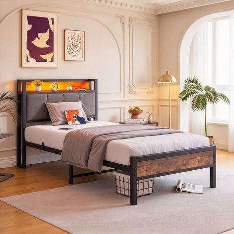 Lit 90x200 cm avec éclairage LED-USB Type-C-Cadre de lit en métal,Lit Moderne pour Adolescent avec sommier à Lattes,pour Chambre d'amis,Montage Facile,Brun (1/5)