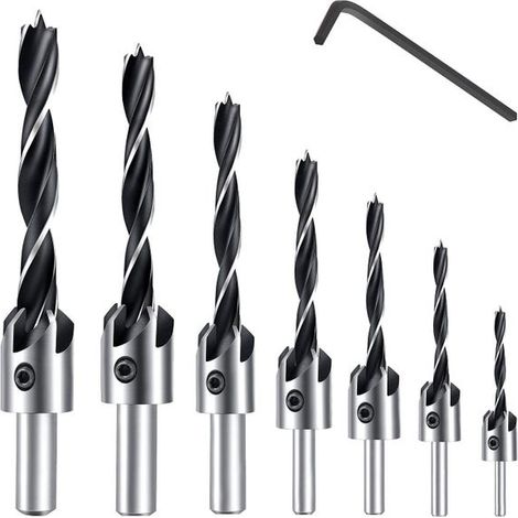 Juego de 7 brocas HSS de 5 ranuras para tornillos de madera, brocas avellanadoras y brocas de chaflán para tornillos de varias longitudes mediante un simple aflojamiento y apriete, juego de herramient (1/5)