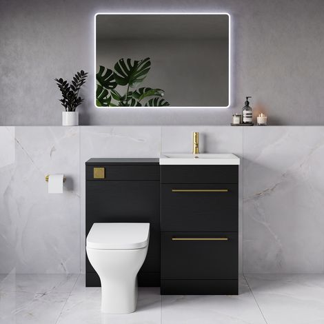 Napoli 390 Nero Oak 1000mm 2 Drawer Vanity Unit Toilet Suite with Glide Basin - 1000mm - Brushed Brass 320mm HandleWith Kingston Toilet Pan and Seat