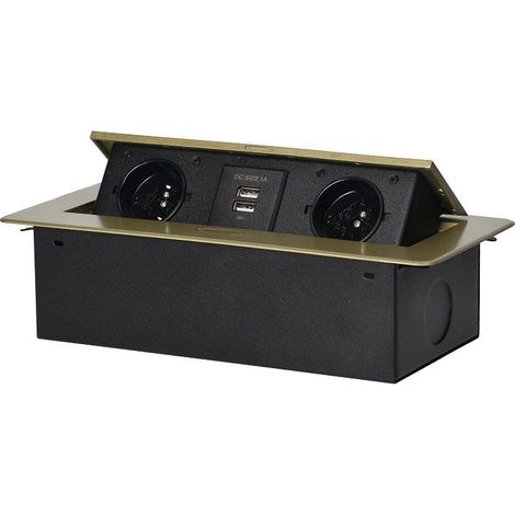 Prise de bureau encastrée laiton avec 2 prises E et 2 ports USB – Mode de pose électricité – Design compact pour installation facile