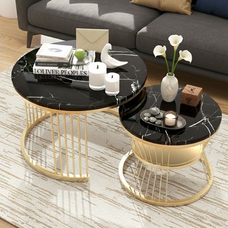 Lot de 2 tables basses gigognes rondes, table basses rondes avec cadre de support en métal, table basses rondes avec espace de rangement ouvert pour salon, balcon, noir (1/5)
