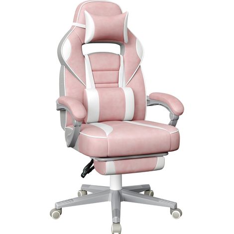 Fauteuil de Bureau, Chaise Gaming, Réglable, Repose-Pieds Télescopique, Mécanisme à Bascule, Appui-tête, Support Lombaire, Charge 150 kg, Rose Bonbon et Blanc Crème OBG073P01 (1/5)