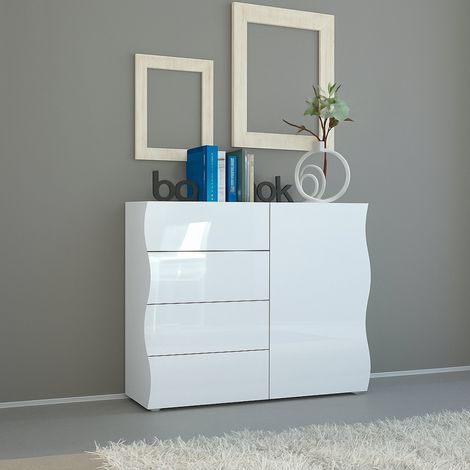 Dmora Modernes Sideboard, Design-Sideboard, mit 1 Tür und 4 Schubladen, Made in Italy, TV-Ständer, Wohnzimmerbuffet, cm 90x40h81, glänzend weiße Farbe (1/4)