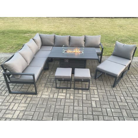 Fimous Aluminium Lounge Corner Sofa Outdoor Garden Furniture Sets Gas Fire Pit Dining Table Set with 3 Footstools Dark Grey (1/5)
