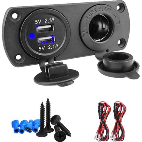 Prise allume-cigare de voiture, allume-cigare de voiture et prise USB 12V, double chargeur USB avec 2 jeux de fils de 60cm pour auto marine moto VTT camping-car (1/5)