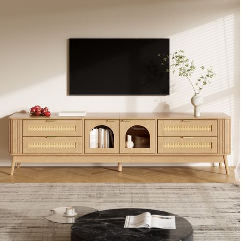 Mueble TV 180 x 40 x 50 cm, 4 cajones, 2 puertas de vidrio templado, LED, natural OKMYHOME (1/5)
