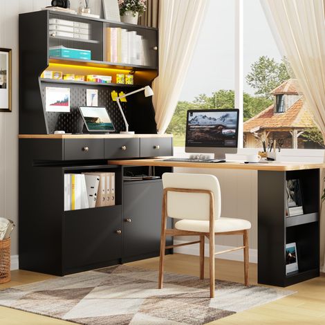 Mueble alto multifuncional con escritorio y barra, LED, MDF y cristal, negro, OKWISH (1/5)