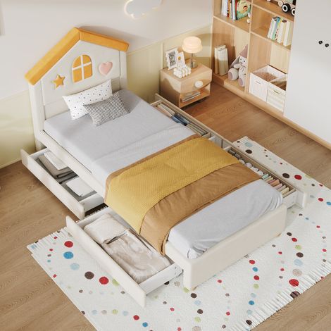 Kinderbett 90x200 cm Hausbett Polsterbett in Beige, Kinderbett mit 4 Schubladen, Stauraumbett für Kinderzimmer, Jugendbett mit französischem Samt, gepolstertes Bett mit Haus-Kopfteil (1/5)