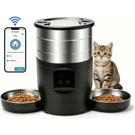 Distributeur de nourriture pour animaux - 4,5 L - Acier inoxydable - Télécommande WIFI - 2 Bols - Pour Chat/Chien