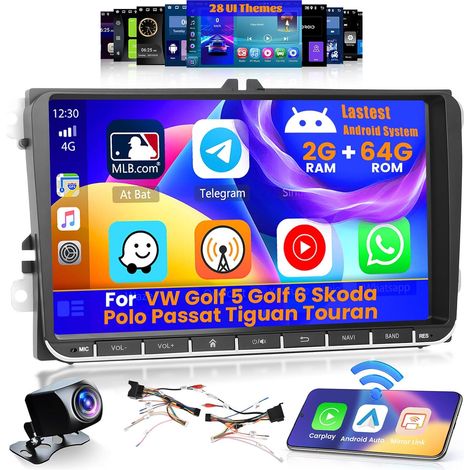 [2G+64G] Autoradio Android 15 pour VW Golf 5 Golf 6 Polo Passat Tiguan Touran 9 Pouces Écran Tactile avec Carplay sans Fil Android Auto Bluetooth GPS WiFi FM RDS Caméra de Recul (1/5)