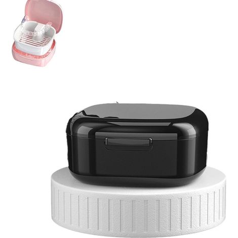 Étui pour prothèse dentaire noir en plastique avec bac de récupération et couvercle 7,8 x 7,8 x 3,8 cm boîte de rangement portable pour prothèses appareils dentaires et protège dents (1/5)