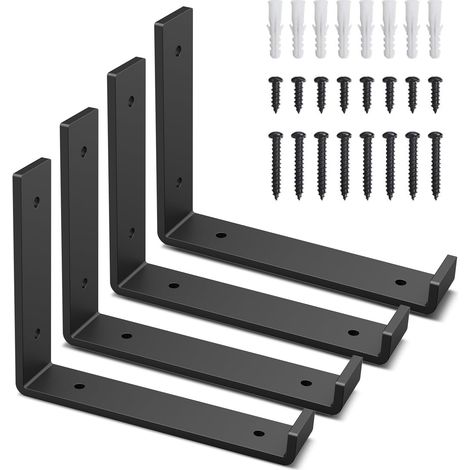 Juego de 4 soportes metálicos resistentes para estantes (en forma de J con borde) para estanterías abiertas de bricolaje, estilo industrial rústico, soporte de pared flotante en forma de L, color negr (1/5)