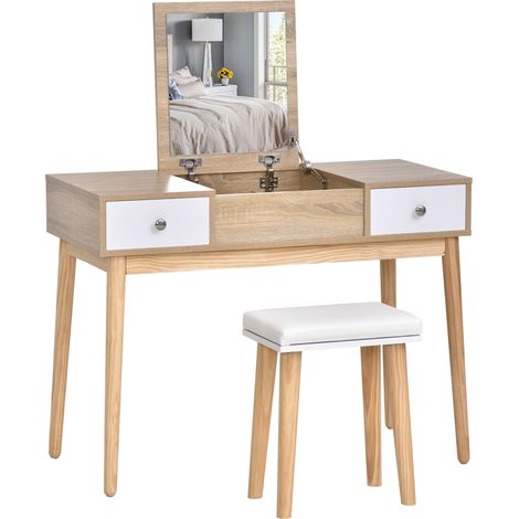 easycomfort tavolo da trucco moderno con specchio estraibile, organizer gioielli, 2 cassetti e sgabello, color legno (1/5)