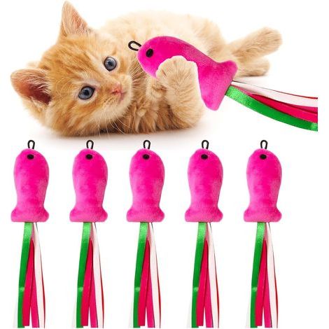 Lot de 5 jouets interactifs à herbe à chat en forme de poisson rose - Jouets en peluche remplis d'herbe à chat - Accessoires de jouets à mâcher pour chat d'intérieur (1/5)