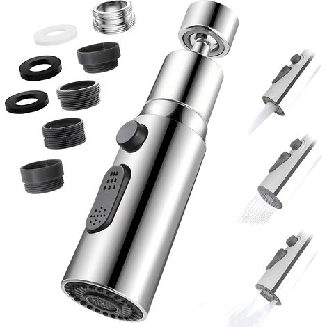 Aérateur de Robinet, 360° Pivotant Embout Robinet Cuisine avec 3 Modes Douchette Mousseur Robinet Economie Eau, Adaptateur Economiseur D'eau Pour Robinet Salle De Bain lavabo (Argent) (1/5)