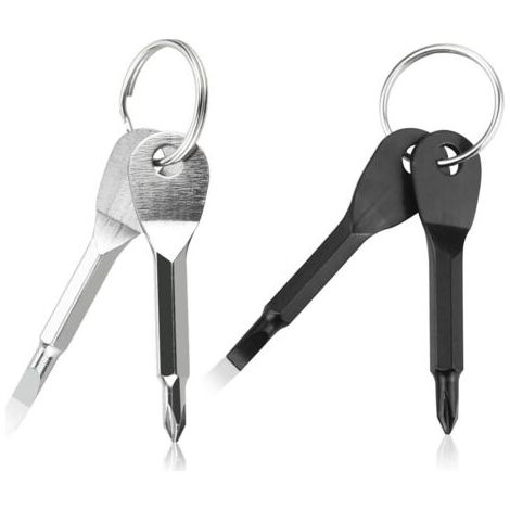 Lot de 2 mini tournevis portables pour porte-clés EDC - Multifonctions - Tournevis de poche à tête plate et cruciforme - Outil de survie - Avec porte-clés - Argenté et noir,Fonepro (1/5)