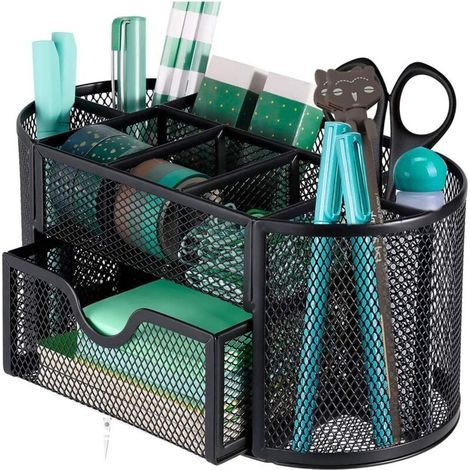 Rangement Bureau Organisateur, Métal Grillagé Organiseur de Bureau/Pot a Crayon/Accessoire Bureau/Porte Stylo, Multifonction Fourniture Bureau Pour la Maison D'école de Bureau, Noir (1/5)