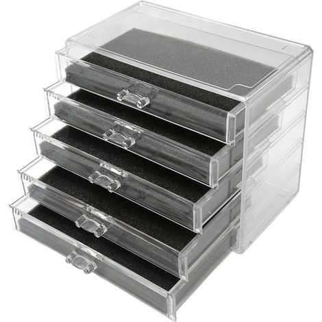 Boîte de rangement à bijoux à 5 tiroirs, étui de bureau transparent en acrylique pour cosmétiques et maquillage. (1/5)