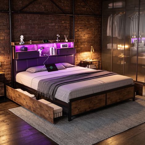Cama individual de 160x200 cm – Cama de matrimonio – Estilo industrial – Iluminación LED – Cuatro cajones – Piel negra (1/5)