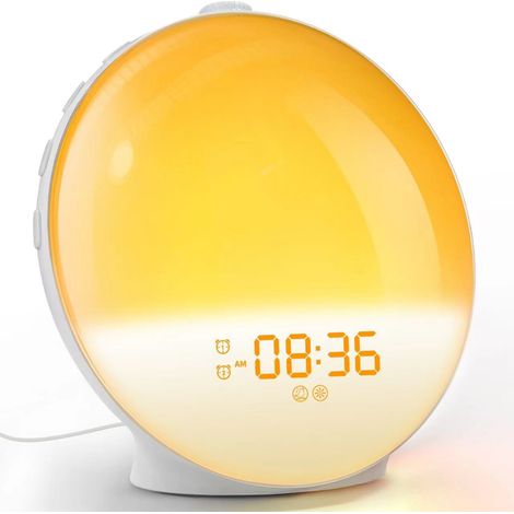 Despertador con simulador de amanecer de luz blanca y sonidos naturales: volumen gradual, detección de luz ambiental, modo de gracia. (1/5)