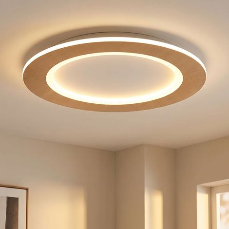 Deckenleuchte Wohnzimmerlampe LED Deckenlampe Holz Optik Backlight Küchenlampe rund, 30W 1690lm warmweiß+kaltweiß, DxH 40 x 5 cm