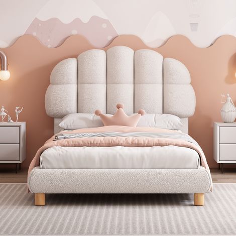 Lit Enfant 90x200cm - Tête de Lit Demi-Cercle - Tissu Bouclé Doux - Structure MDF et Bois - Pieds Centraux Renforcés - Hauteur Réglable - Capacité 150kg - Rose (1/5)