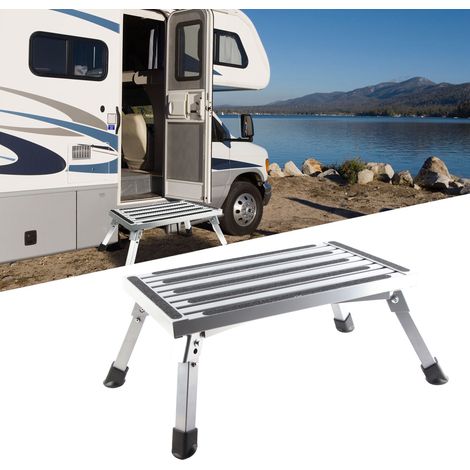 Tabouret pliant en alliage d'aluminium 47 x 30 cm avec surface antidérapante et pieds en caoutchouc, gris argenté, convient aux camping-cars, caravanes et pick-ups. (1/5)
