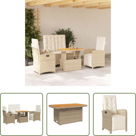 Gartenbank - 4-tlg. Garten-Essgruppe mit Kissen Beige Poly Rattan (1/5)