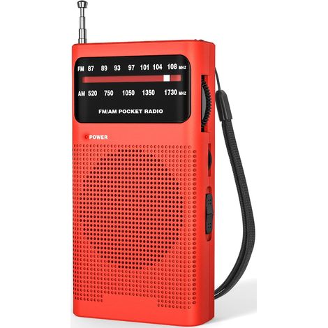 Radio portable AM/FM avec haut-parleur intégré, prise casque et alimentation par 2 piles AA. Compacte et facile à transporter, elle convient à la maison, aux voyages et aux activités extérieures. (1/5)